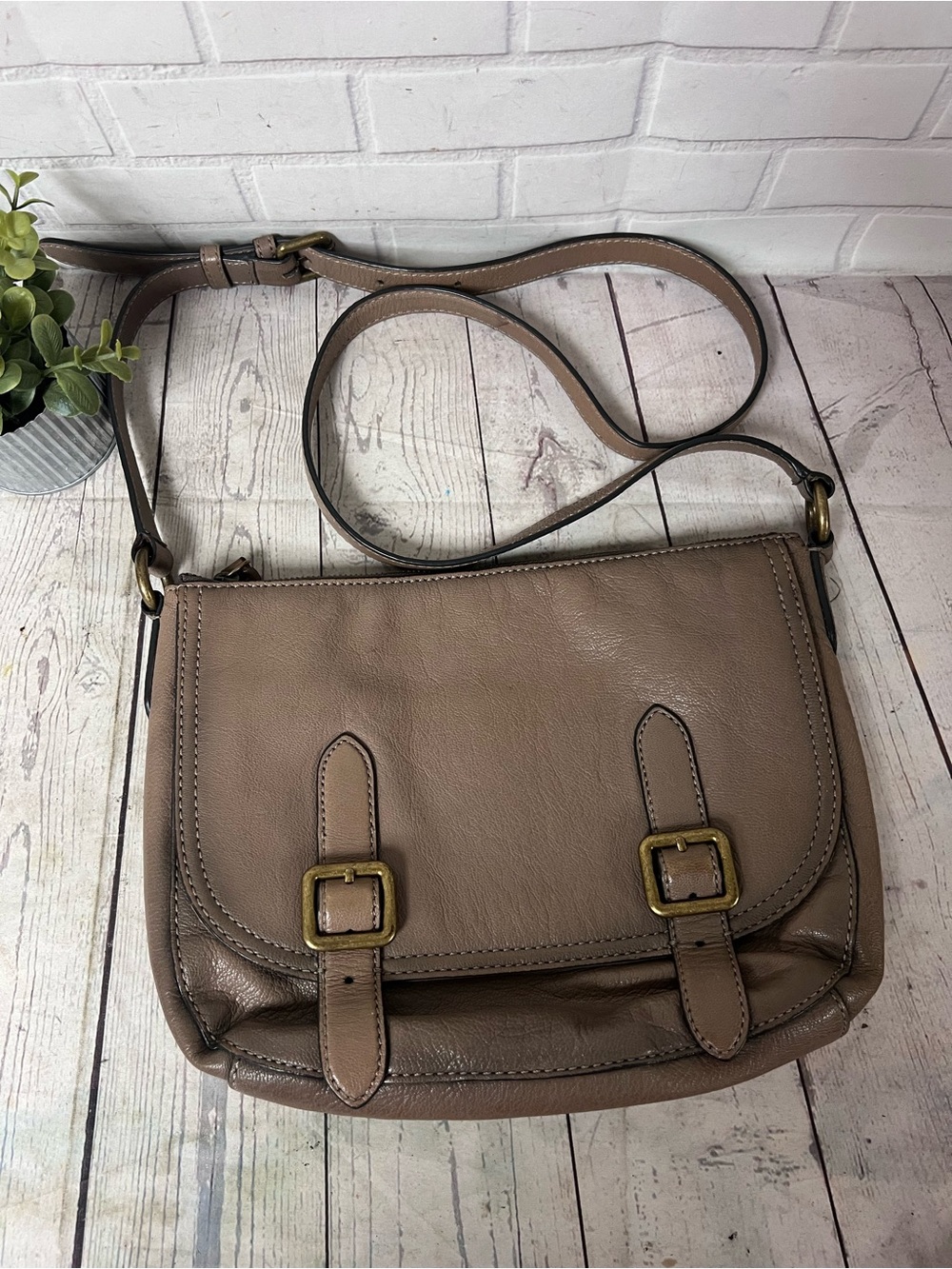 FRYE Lily Charcoal Grey Leather Crossbody Bag Saddle Flap Double Buckle Purse